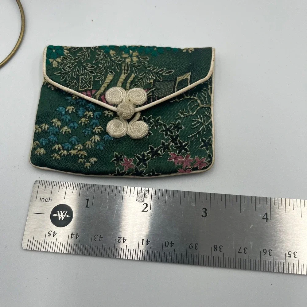 Vintage Green Silk Brocade Jewelry Pouch Asian Floral Landscape Frog Closure Bag